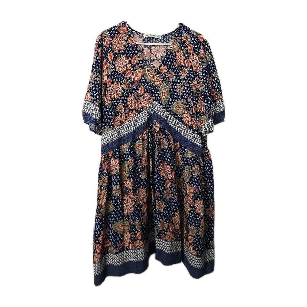 Rusttydustty Boho Floral Paisley Mini Dress 3XL Plus Size‎ Viscose V-Neck Tie